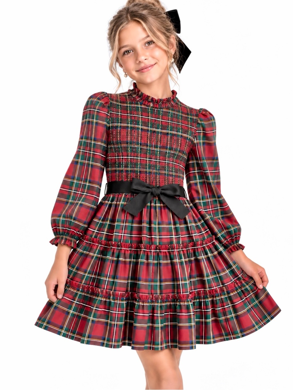 Polo Ralph Lauren Girls Plaid Smocked Cotton Holiday Dress with Black Bow